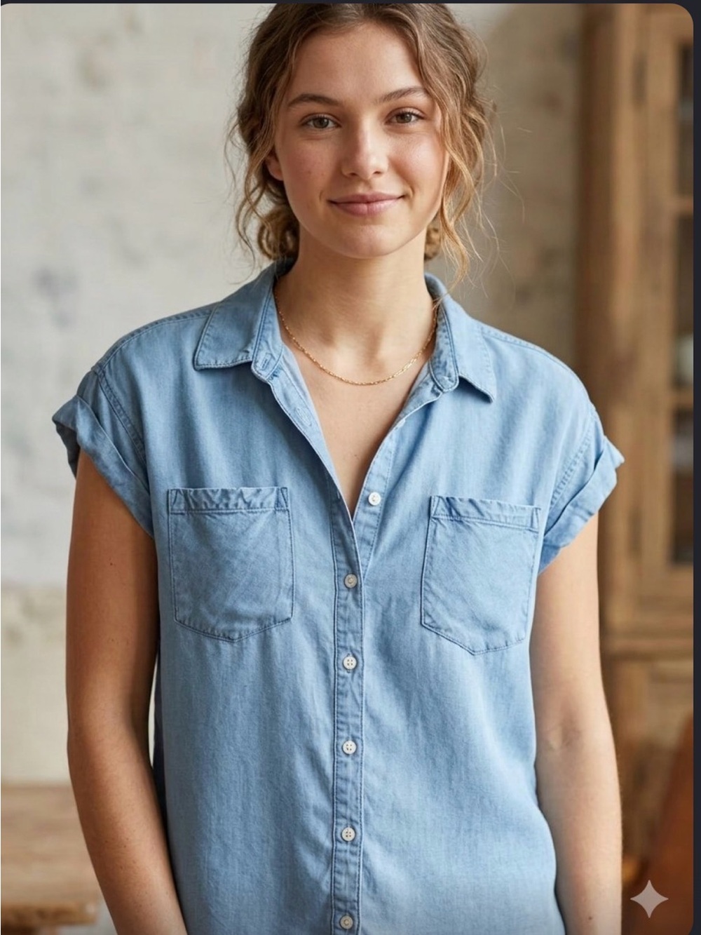 Light Wash Denim Button-Front Shirt - Relaxed Short Sleeve-small stain